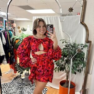 For Love & Lemons Lauren Long Sleeve Mini Dress Pink Floral Size Small